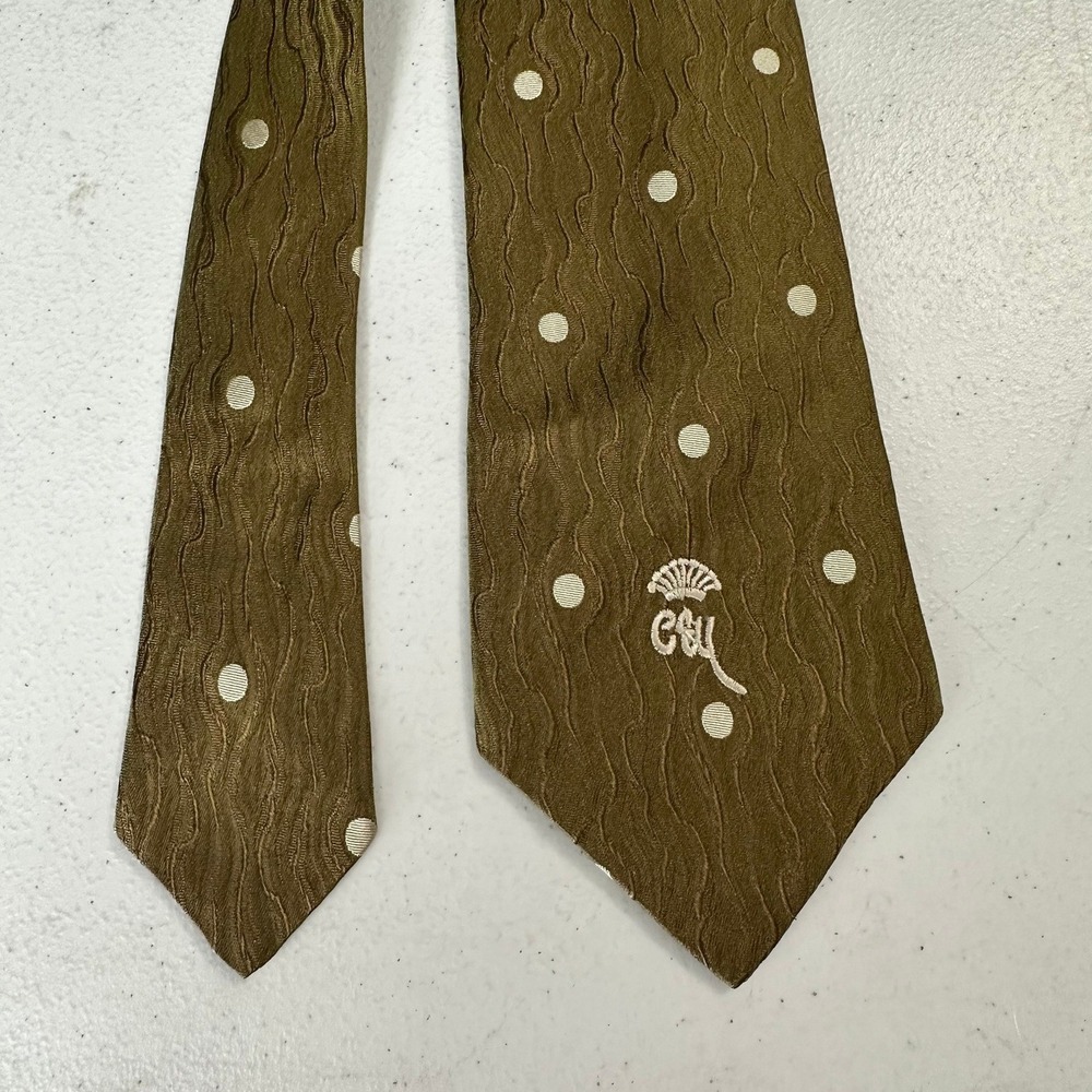 Countess Mara Mens Vintage Silk Tie Olive Green Polka Dot Wavy Texture Dapper
